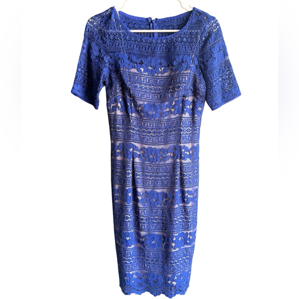 NWOT Adrianna Papell Corded Stripe Lace Sheath Dress in a royal blue 4P - Picture 4 of 13